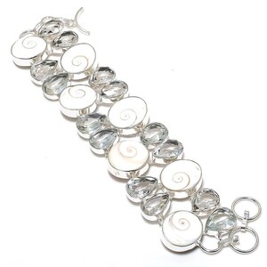Natural Shiva Shell Bracelet, White Topaz Pear Gemstones, 925 Sterling Silver Toggle Bracelet, Gift For Best Friend