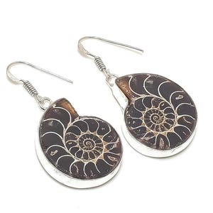 Natural Ammonite Fossil Earrings, Leaf Shape Brown Gemstones, 925 Sterling Silver Hook Earring, Gift For Mom