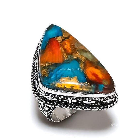 インディアンジュエリー　ターコイズ　スパイニーオイスター　シルバー　リング スパイニーオイスターターコイズシルバーリング、リング、リング