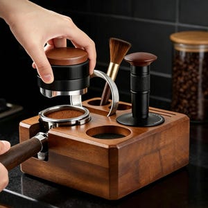Op de afbeelding: Een houten espresso-tampingstation met een rechthoekige basis met ronde uitsparingen, een metalen portafilter met houten handvat, een zwarte en houten koffietamper en een reinigingsborstel met bruine haren en een gouden metalen huls.