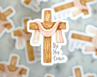 By His Grace Cross Sticker (light wood)