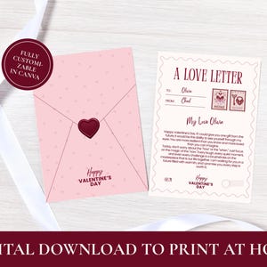 May include: A pink Valentine's Day card and envelope with a heart seal, and a love letter with postage stamp illustrations. The card and envelope have the text "Happy Valentine's Day". The image also includes the text "Digital Download to Print at Home".