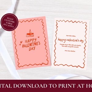 May include: Two pink Valentine's Day cards with red handwritten text and a decorative border. One card reads "Happy Valentine's Day" with a cake illustration. The other card has a message. A white ribbon is in the background.