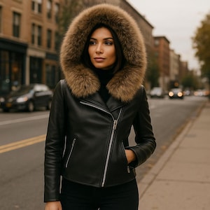 Women&#39;s Handmade Leather Jacket with Real Fox Fur Hood – Luxury Winter Biker Style – Warm Fur Trim Moto Coat for Women