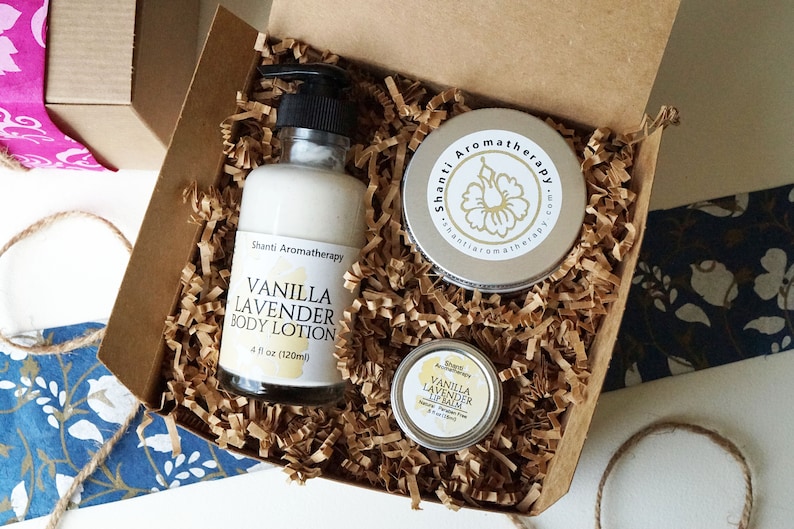 All Natural Gift Set Vanilla Lavender Self Care Gift Care Package Gifts For Mom, Gifts for Women, Office Gift image 1