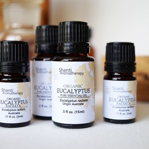 May include: Four amber glass bottles of organic eucalyptus radiata essential oil with black caps and white labels. The labels have the brand name "Shanti Aromatherapy" and the product name "Organic Eucalyptus Radiata". The bottles are on a white surface.