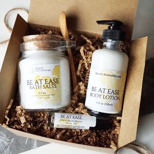 Stress Relief Gift Set Be At Ease Aromatherapy Lavender, Neroli, Bergamot Bath Salt 9oz and Lotion 4oz or 8oz Gifts for Mom image 3