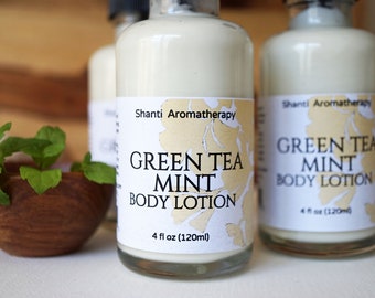 Green Tea and Mint Lotion - 4oz or 8 oz Aromatherapy Lotion, All Natural Moisturizer, Antioxidant, Vegan Skin Care
