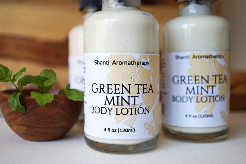 Green Tea and Mint Lotion 4oz or 8 oz Aromatherapy Lotion, All Natural Moisturizer, Antioxidant, Vegan Skin Care image 1