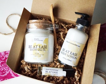 Be At Ease Gift Set for Relaxation Stress Relief - Christmas Spa Gifts - 9oz bath salts, lotion, perfume - Gifts for Women - Self Care