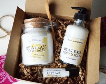 Stress Relief Gift Set - Be At Ease Aromatherapy - Lavender, Neroli, Bergamot - Bath Salt 9oz and Lotion 4oz or 8oz - Gifts for Mom