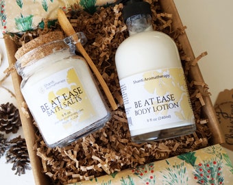 Stress Relief Gift Set - Be At Ease Aromatherapy - Lavender, Neroli, Bergamot - Bath Salt 9oz and Lotion 4oz or 8oz - Gifts for Mom