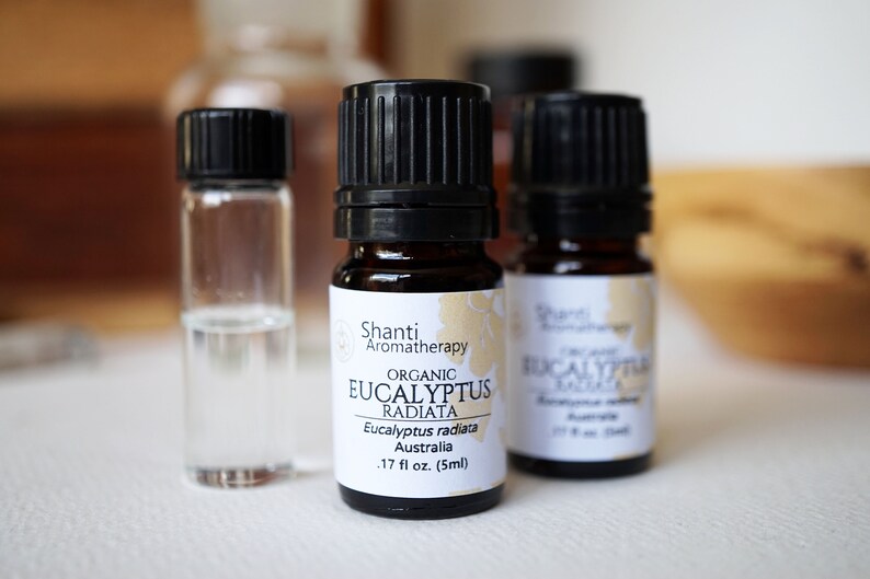 May include: Three small glass bottles with black caps. The center bottle is labeled "Shanti Aromatherapy Organic Eucalyptus Radiata Eucalyptus radiata Australia .17 fl oz. (5ml)"