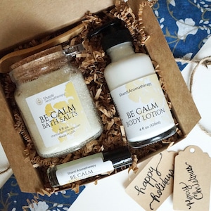 Lavender Spa Gift Set - Be Calm Self Care Gift - 9oz Bath Salt, Lotion, and Perfume - Bath Gift Set - Relaxation Stress Relief