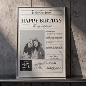 Cartão de aniversário personalizado com jornal para melhor amigo, jornal grande de aniversário, anúncio de feliz aniversário, cartão de aniversário vintage, editável