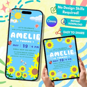 Editable Sunflower Birthday Invitation | Girl Digital Birthday Party Template | Canva Template | Personalized Sunflower Birthday Invitation