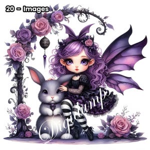 Clipart de hada gótica, arte de Halloween en acuarela, JPG de 300 DPI, alas de murciélago, arco de rosas, bruja caprichosa, fantasía oscura, diseño imprimible