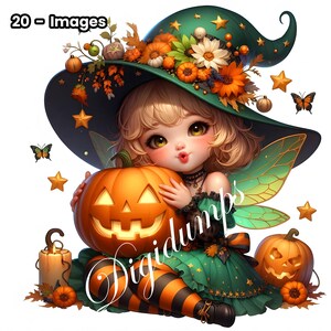 Clipart de linda hada de Halloween (Acuarela JPG), cuerpo entero, ojos grandes, sombrero de bruja, calabaza para pegatinas, sublimación, tarjetas e impresión artística.