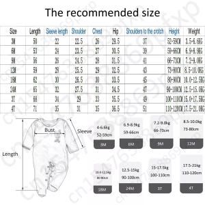May include: A size chart for baby clothing, with measurements in centimeters and kilograms. The chart includes sizes from 3 months to 4T, detailing length, sleeve length, shoulder, chest, hip, and weight.