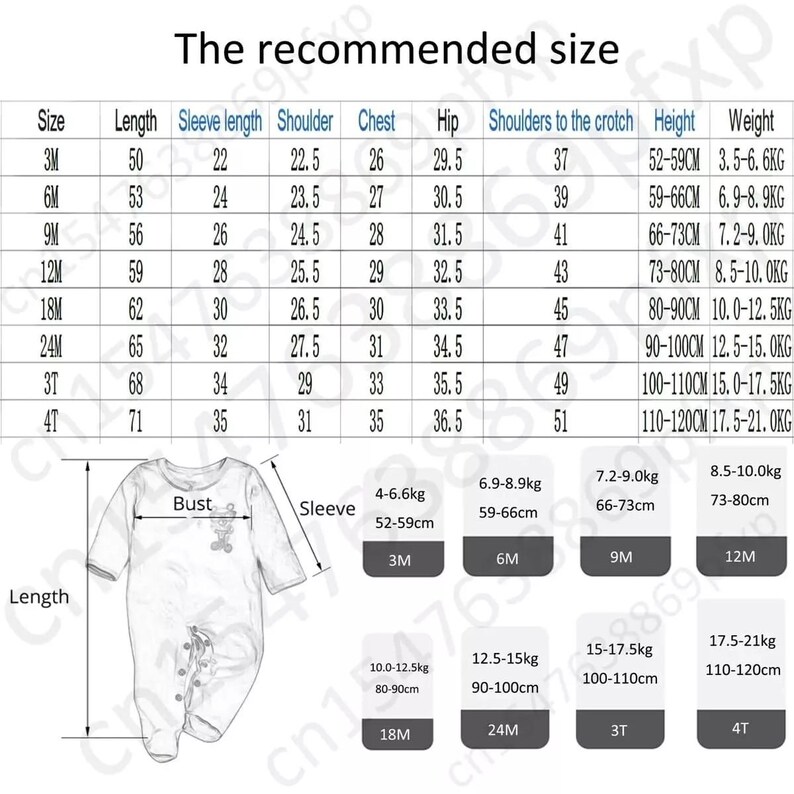 May include: A size chart for baby clothing, with measurements in centimeters and kilograms. The chart includes sizes from 3 months to 4T, detailing length, sleeve length, shoulder, chest, hip, and weight.