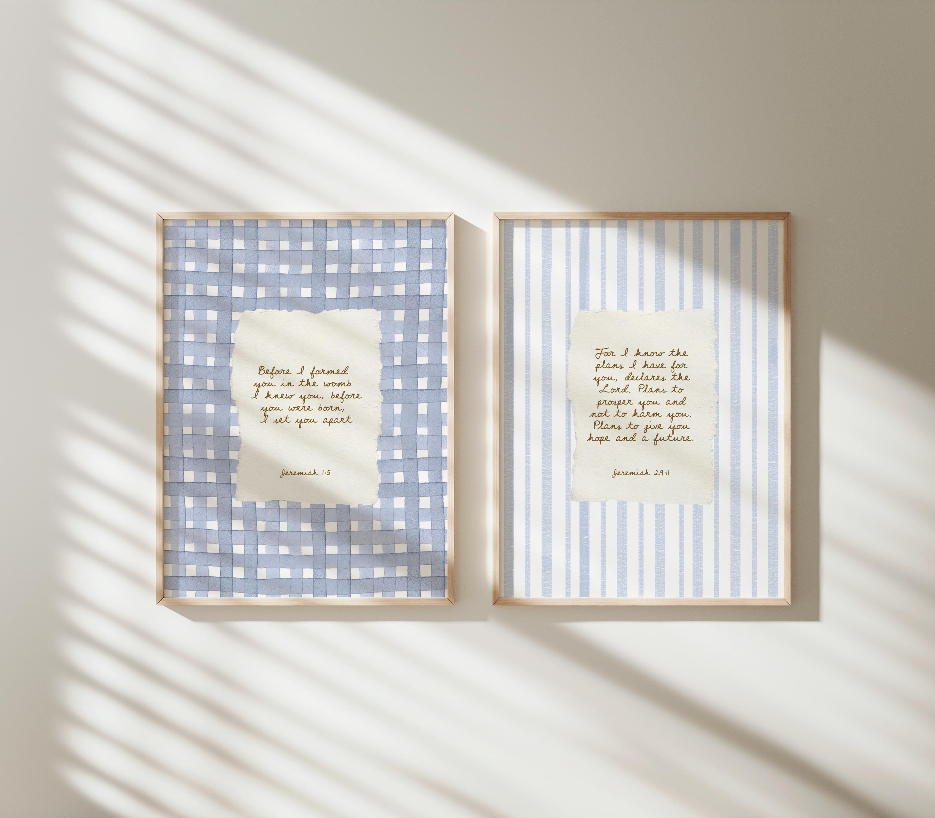 Jeremiah 1:5 and 29 11 Bible Verse Wall Art Nursery Boy Scripture Print Farmhouse Decor Blue Gingham Kids Room Poster Christian Gift Baby