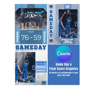 Può includere: Grafiche blu e bianche per una partita di basket. Mostrano il punteggio finale, i nomi delle squadre, le informazioni sul giorno della partita e il logo Canva. Il punteggio è 76-59. Le grafiche sono personalizzabili per le squadre sportive.