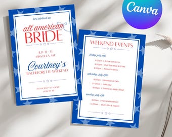 May include: Two blue and white invitations with star patterns. The first reads "all american BRIDE" and "Courtney's BACHELORETTE WEEKEND." The second lists weekend events. The Canva logo is in the upper right corner.