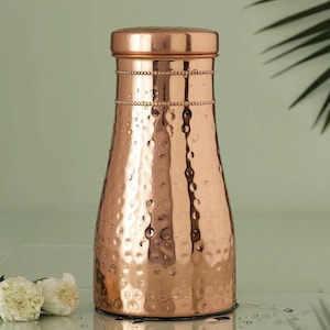 Antique Pure Copper Lead-Free Sugar Pot Hammered Design | Ayurvedic | Bedroom | Home | Kitchen | Bedside Bottle Carafes with Glass 1000 ML