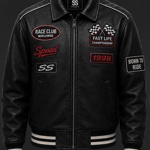 Men's Black Racing Leather Jacket – SS Worldwide Speed Club Moto Biker Bomber