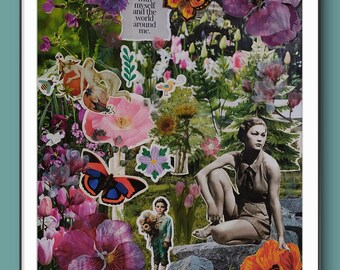 Collage floral floreciente: arte de técnica mixta hecho a mano, listo para colgar