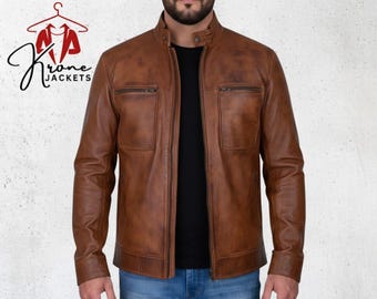 Men’s Distressed Brown Leather Jacket, Vintage Biker Style Jacket, Handcrafted Rugged Jacket for Motorcycle Riding, Casual Everyday Jacket
