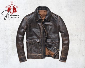 Vintage Brown Leather Aviator Jacket: 80s Bomber, Mens Large