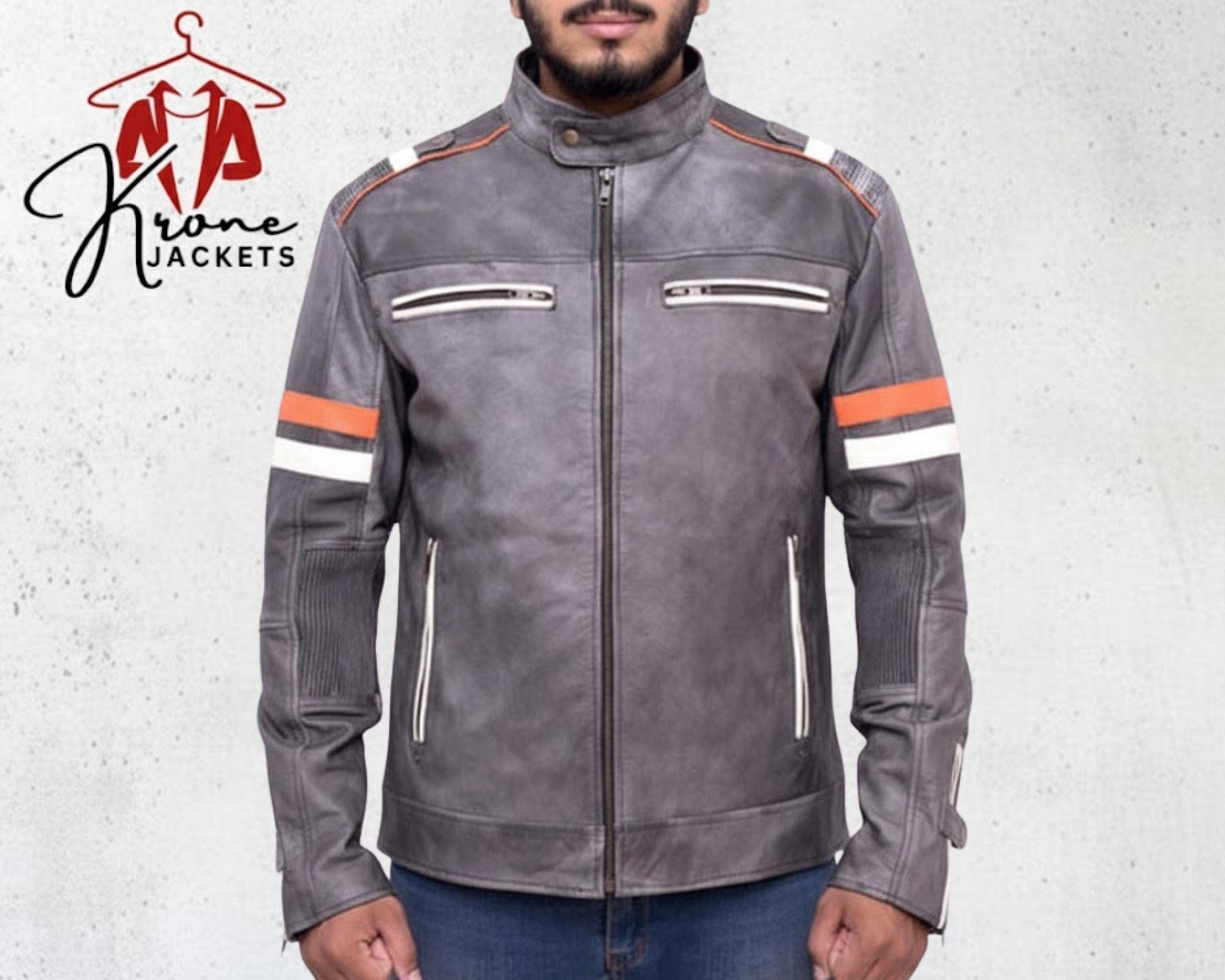 Men's Fossil Grey Retro Biker Jacket, Vintage Style Leather Jacket