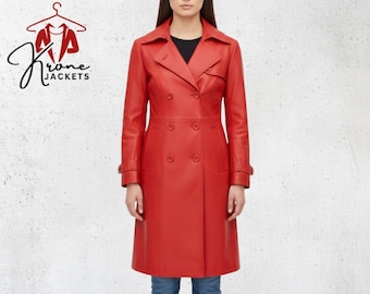 Czerwony skórzany długi płaszcz damski, stylowy trencz vintage, elegancka odzież wierzchnia, ręcznie robiony zimowy, niezbędny płaszcz skórzany