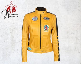 Chaqueta definitiva de Kill Bill: abrigo de cuero amarillo de motociclista de Uma Thurman, La Novia / Estilo cosplay y cinematográfico