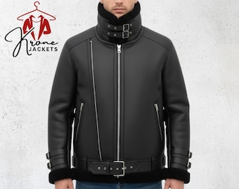 Herr Pitch Black B3 Shearling Leather Jacket Vintage Aviator Bomber Ytterkläder Fårskinn Vinter Essential Varm Pilotstil Flygjacka
