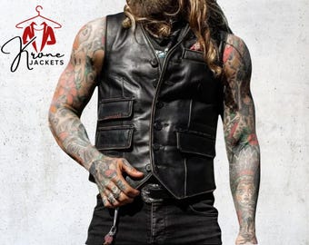 Débardeur en cuir noir en édition limitée - Blouson de motard vintage Slim Fit pour hommes | Style moto en cuir véritable