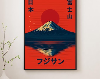 Mount Fuji Japan Wall Art • Fuji-san Poster Print • Japanese Sunset Mountain Art • Red Sun Landscape • Digital Download • Travel Decor