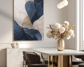 Impression abstraite d'art mural beige bleu marine, affiche d'art au trait moderne minimaliste, art mural salon et bureau, décoration d'intérieur imprimable neutre bohème