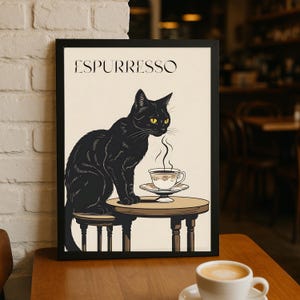 Vintage Cat Coffee Poster – Funny Pun Wall Art – Retro Cat Café Decor – Black Cat Kitchen Coffee Print – Digital Download - Living Room Art