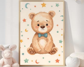 Cute Teddy Bear Nursery Wall Art Print, Baby Room Decor, Gender Neutral Nursery Printable Artwork
