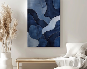 Abstract Blue Wall Art Print, Modern Navy Tones Minimalist Painting, Large Printable Digital Art, Contemporary Home Decor for Living Room