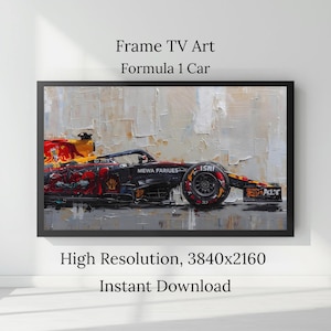 以下が含まれることがあります： フレームに入った、F1レーシングカーのデジタルアートプリント。車は主に赤と黒で、黄色のアクセントがあり、テクスチャ加工されたニュートラルな背景に配置されています。「Frame TV Art Formula 1 Car」の文字が上部に、「High Resolution, 3840x2160 Instant Download」が下部にあります。