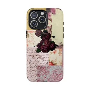Capa magnética com colagem floral vintage para iPhone 15 Pro Max, rosas românticas, escrita e estética de cartão postal