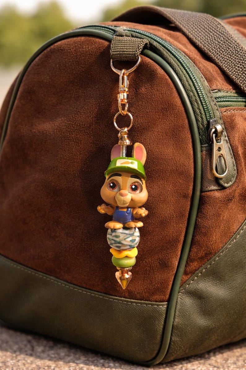 Op de afbeelding: Een goudkleurige sleutelhanger met een cartoonkonijn met een groene pet en blauwe overall. Het konijn zit bovenop een stapel kleurrijke kralen. De sleutelhanger is bevestigd aan een bruine sporttas met groene accenten.