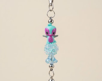 Beaded Bird Keychain with Tassel – Turquoise, Silver Wings, Floral Body Bag Charm