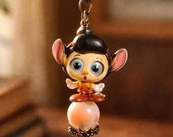 Handmade Pinocchio Keychain | Beaded Bag Charm with Rhinestone Accent