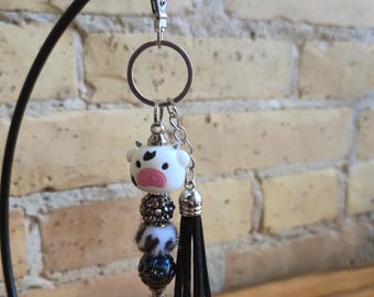 Cow Keychain: Leopard Bead, Black Tassel - Farmhouse Chic