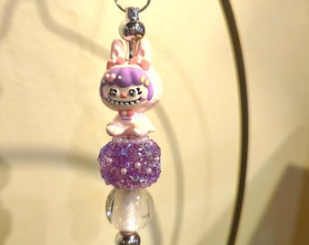 Pink Bunny Beaded Keychain, Kawaii Purse Charm with Lilac Tassel