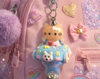 Kawaii Kitty Keychain – Pastel Car Charm with Rhinestones